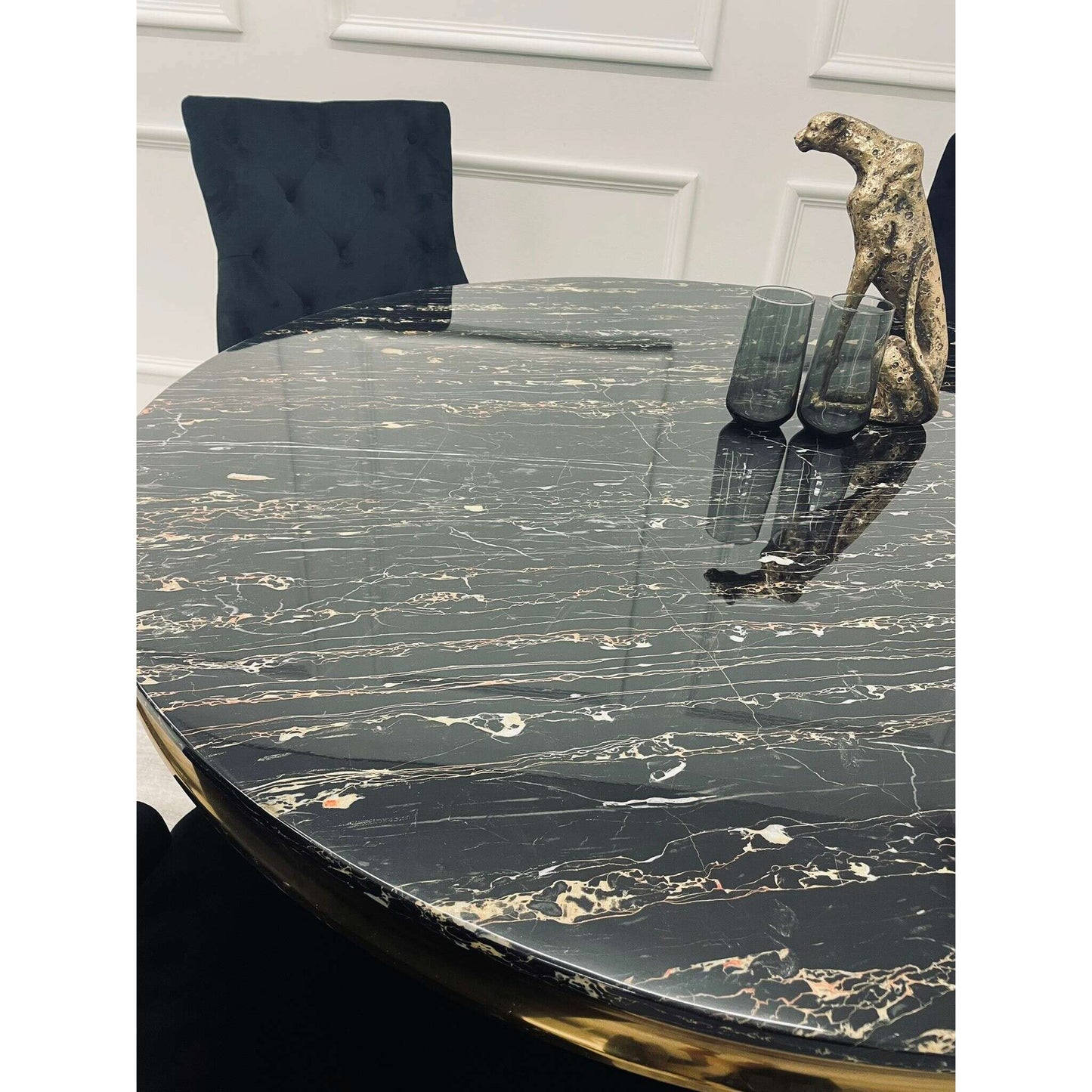 Luxe Dining Company:Louis 1.3m Round Black & Gold Marble Dining Set