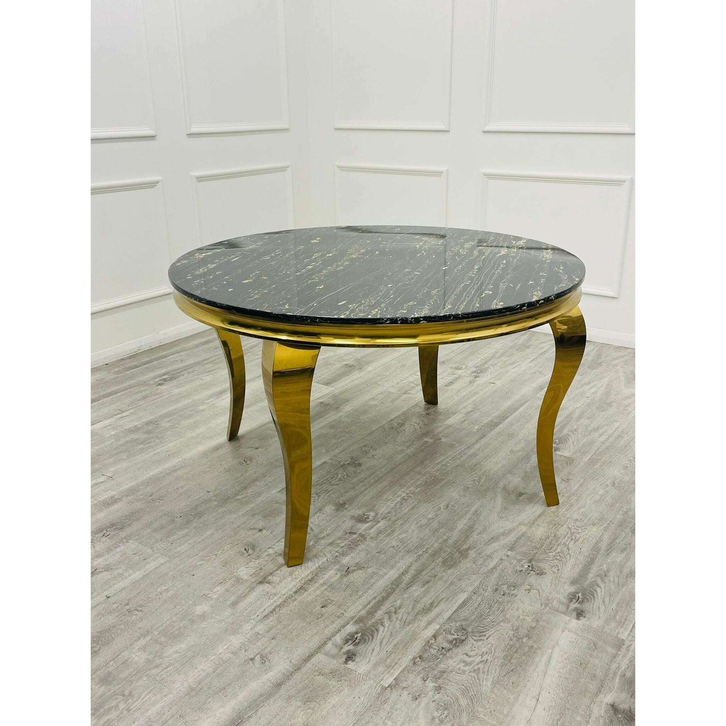 Luxe Dining Company:Louis 1.3m Round Black & Gold Marble Dining Set