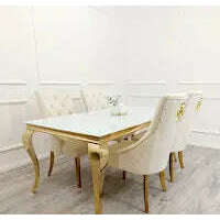 Luxe Dining Company:Louis Gold Stone Dining Table,1.4M / White Marble