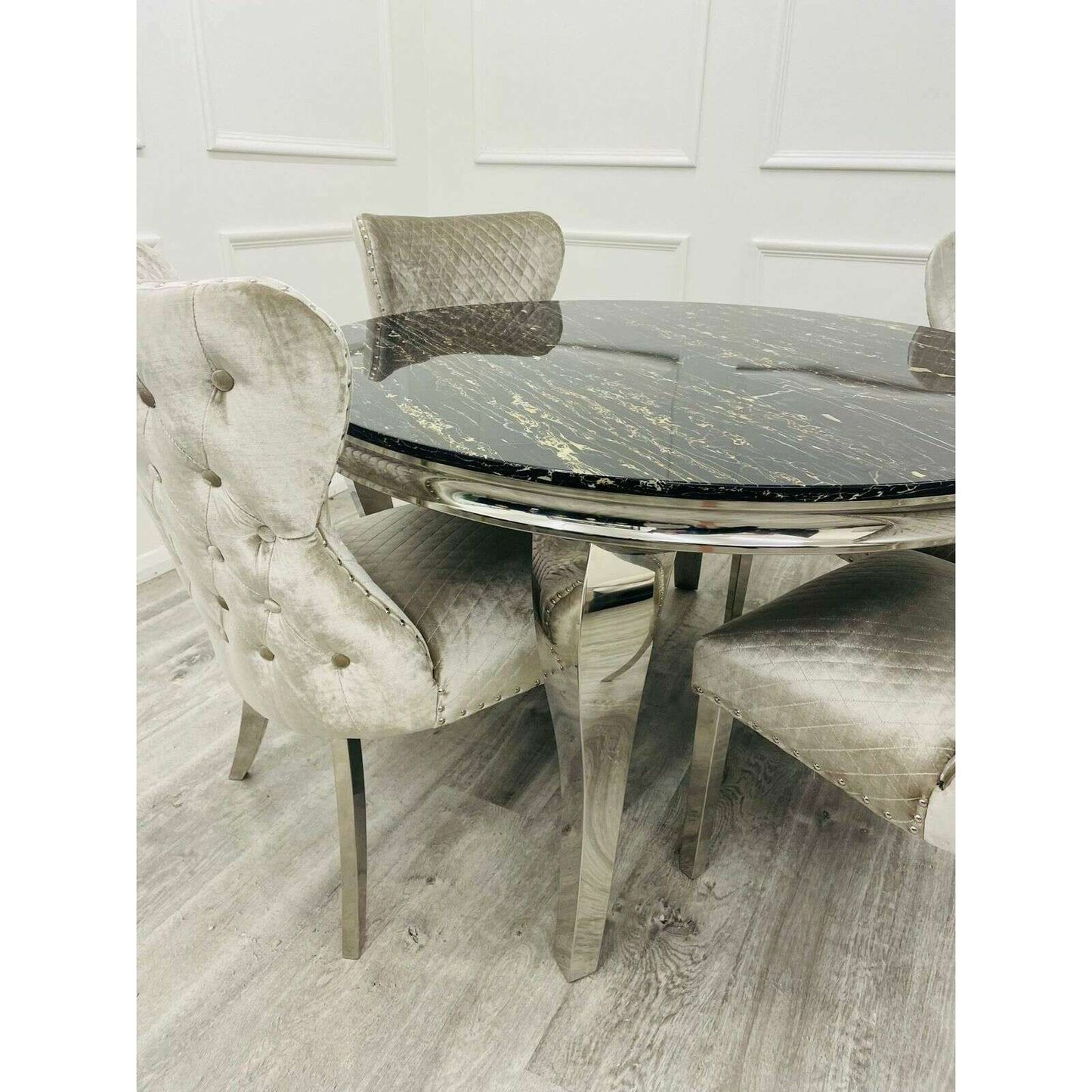 Luxe Dining Company:Louis Chrome Stone Dining Table,1.3M Round / Black & Gold Marble