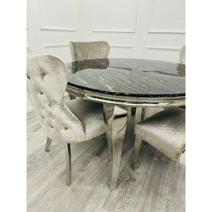 Luxe Dining Company:Louis Chrome Stone Dining Table,1.3M Round / Black & Gold Marble