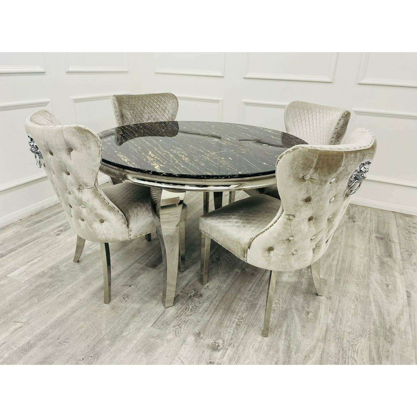 Luxe Dining Company:Louis Chrome Stone Dining Table,1.6M Rectangle / Black & Gold Marble