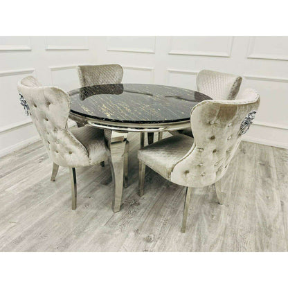 Luxe Dining Company:Louis Chrome Stone Dining Table,1.6M Rectangle / Black & Gold Marble
