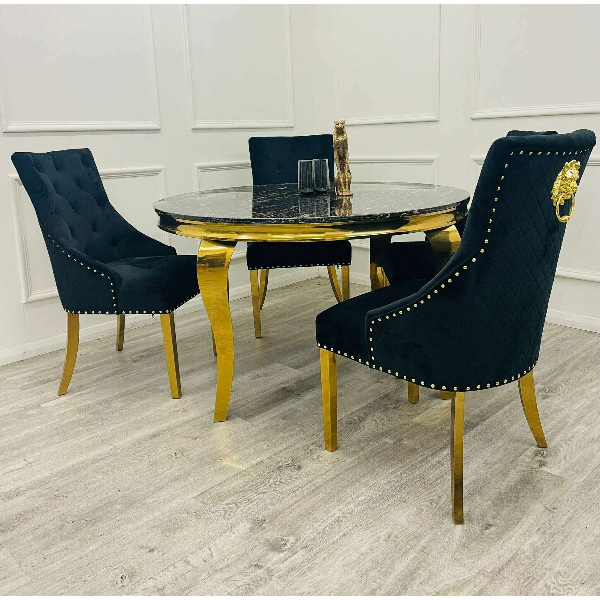 Luxe Dining Company:Louis 1.3m Round Black & Gold Marble Dining Set