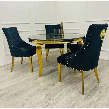 Luxe Dining Company:Louis 1.3m Round Black & Gold Marble Dining Set