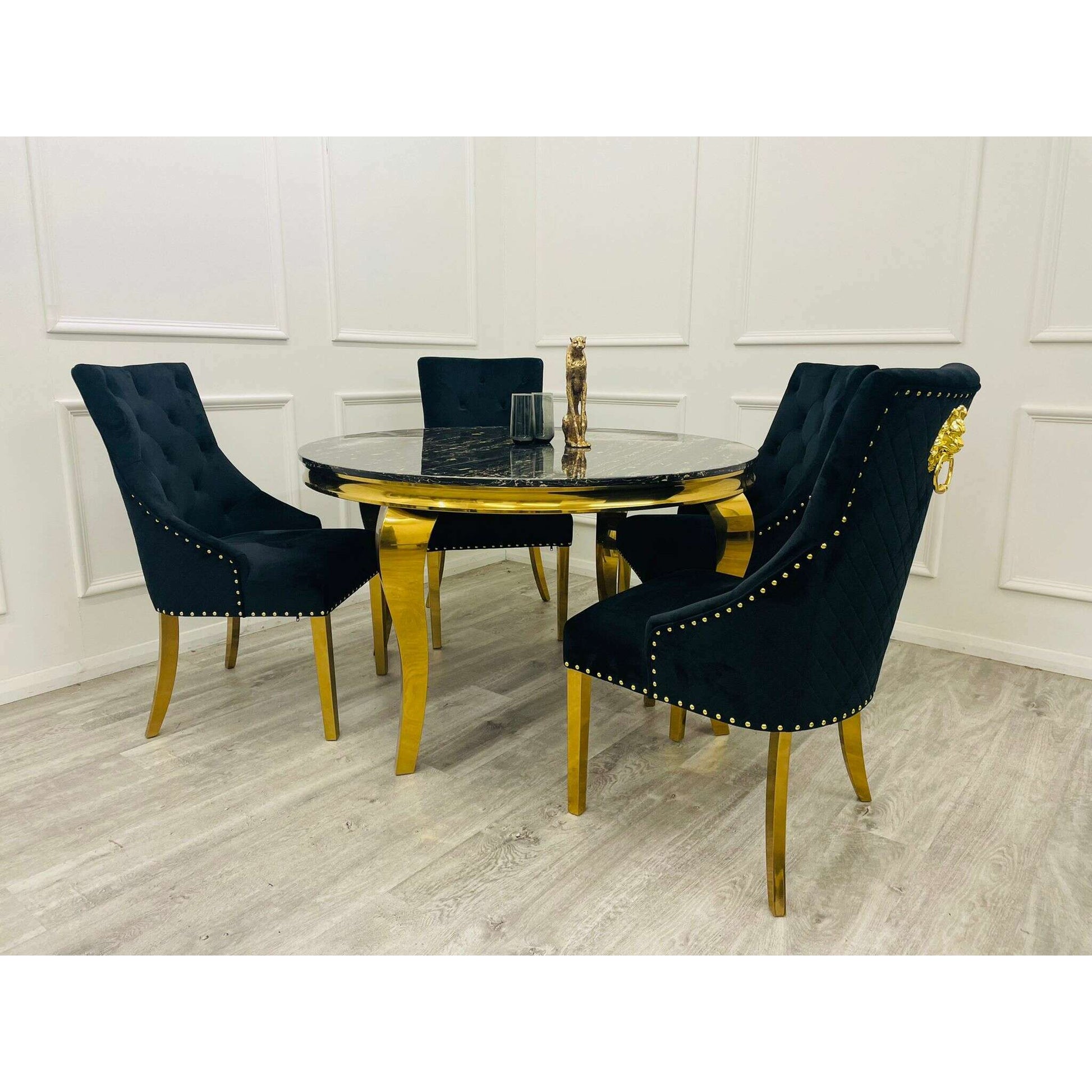 Luxe Dining Company:Louis 1.3m Round Black & Gold Marble Dining Set