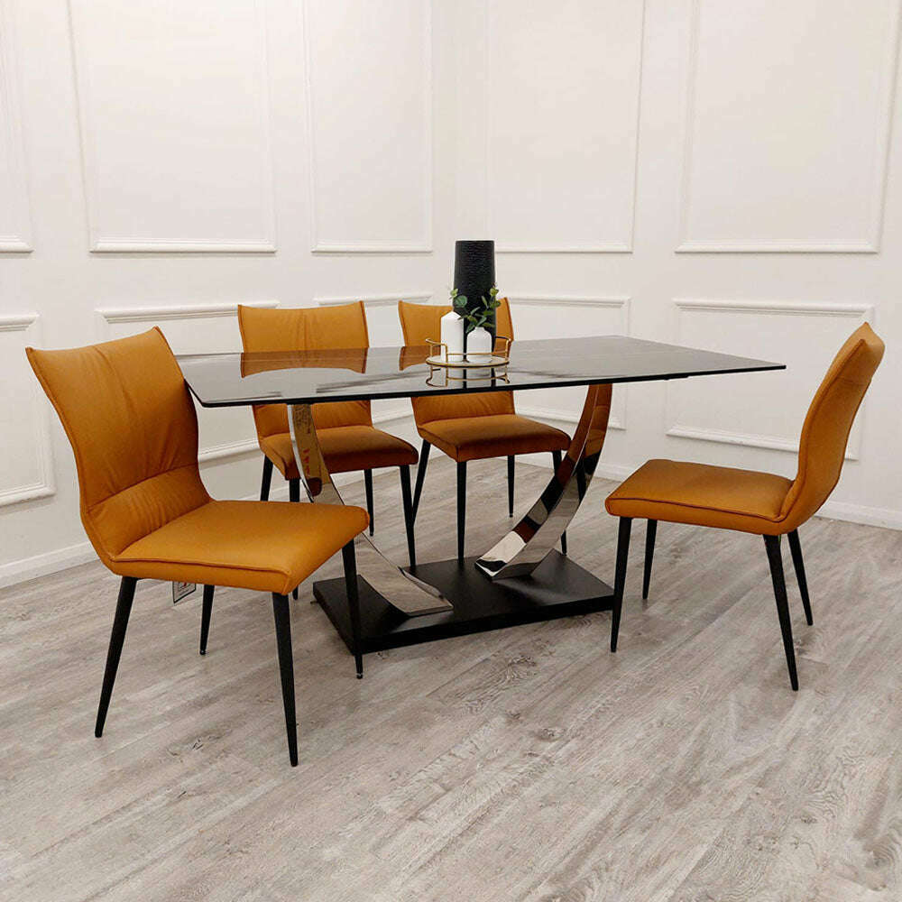 Luxe Dining Company:Venus 1.6M Black Sintered Stone Dining Table Set,Flora Tan
